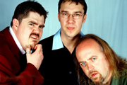 Never Mind The Buzzcocks. Image shows from L to R: Phill Jupitus, Mark Lamarr, Bill Bailey. Copyright: TalkbackThames / BBC