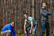 Newfangle. Image shows from L to R: Alf (Hugh Bonneville), Crag (Gabriel Vick), Newfangle (Russell Tovey). Copyright: Above The Title Productions