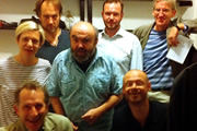 No Pressure To Be Funny Podcast. Image shows from L to R: Miranda Sawyer, Nick Revell, Mitch Benn, Andy Hamilton, James O'Brien, Alistair Barrie, Clive Stafford Smith