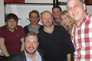 No Pressure To Be Funny - Series 2, Episode 4. Image shows from L to R: Elis James, James O'Brien, Nick Revell, Alistair Barrie, Mark Thomas, Tiffany Stevenson, Dave Cohen