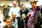 No Pressure To Be Funny - Series 2, Episode 5. Image shows from L to R: Holly Walsh, Nick Revell, Alistair Barrie, James O'Brien, Rob Deering, Matthew Norman, Mark Steel