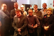 No Pressure To Be Funny - Series 4, Episode 2. Image shows from L to R: Rob Grant, James O'Brien, Steve Gribbin, Nick Revell, Kevin Day, Alistair Barrie, Polly Toynbee