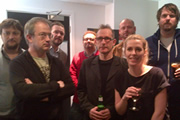 No Pressure To Be Funny. Image shows from L to R: James Sherwood, Robin Ince, James O'Brien, Matthew Norman, Nick Revell, Alistair Barrie, Sara Pascoe, Pete Johansson