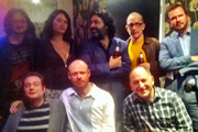 No Pressure To Be Funny. Image shows from L to R: Lee Camp, Gary Delaney, Nat Luurtsema, Alistair Barrie, Alex Andreou, Nick Revell, Dave Cohen, James O'Brien