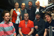 No Pressure To Be Funny. Image shows from L to R: David Elms, Kate Smurthwaite, Nick Revell, Kevin Day, Rich Peppiatt, Alistair Barrie, Bennett Arron, Elis James