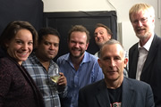 No Pressure To Be Funny. Image shows from L to R: Suzi Ruffell, Paul Sinha, James O'Brien, Mitch Benn, Nick Revell, Dan Smith