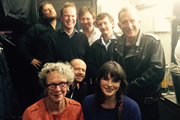 No Pressure To Be Funny. Image shows from L to R: James Sherwood, Bea Campbell, James O'Brien, Alistair Barrie, Tobias Persson, Trevor Crook, Aisling Bea, Nick Revell