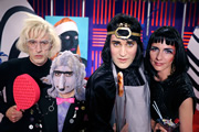 Noel Fielding's Luxury Comedy. Image shows from L to R: Tom Meeten, Michael Fielding, Noel Fielding, Dolly Wells. Copyright: Secret Peter