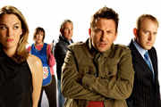 Not Going Out. Image shows from L to R: Lucy (Sally Bretton), Barbara (Miranda Hart), Guy (Simon Dutton), Lee (Lee Mack), Tim (Tim Vine). Copyright: Avalon Television / Arlo Productions