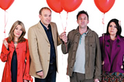 Not Going Out. Image shows from L to R: Lucy (Sally Bretton), Tim (Tim Vine), Lee (Lee Mack), Daisy (Katy Wix). Copyright: Avalon Television / Arlo Productions