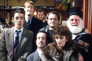 Only Fools And Horses. Image shows from L to R: Trigger (Roger Lloyd Pack), Rodney (Nicholas Lyndhurst), Mike (Kenneth MacDonald), Boycie (John Challis), Del (David Jason), Marlene (Sue Holderness), Uncle Albert (Buster Merryfield). Copyright: BBC