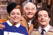 Open All Hours. Image shows from L to R: Nurse Gladys Emmanuel (Lynda Baron), Albert Arkwright (Ronnie Barker), Granville (David Jason). Copyright: BBC