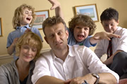 Outnumbered. Image shows from L to R: Karen (Ramona Marquez), Sue (Claire Skinner), Pete (Hugh Dennis), Ben (Daniel Roche), Jake (Tyger Drew-Honey). Copyright: Hat Trick Productions