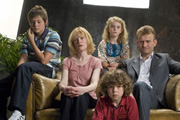 Outnumbered. Image shows from L to R: Jake (Tyger Drew-Honey), Sue (Claire Skinner), Karen (Ramona Marquez), Ben (Daniel Roche), Pete (Hugh Dennis). Copyright: Hat Trick Productions