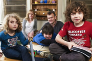 Outnumbered. Image shows from L to R: Karen (Ramona Marquez), Sue (Claire Skinner), Jake (Tyger Drew-Honey), Pete (Hugh Dennis), Ben (Daniel Roche). Copyright: Hat Trick Productions