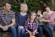 Outnumbered. Image shows from L to R: Pete (Hugh Dennis), Sue (Claire Skinner), Karen (Ramona Marquez), Ben (Daniel Roche), Jake (Tyger Drew-Honey). Copyright: Hat Trick Productions