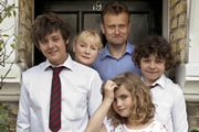 Outnumbered. Image shows from L to R: Jake (Tyger Drew-Honey), Sue (Claire Skinner), Pete (Hugh Dennis), Karen (Ramona Marquez), Ben (Daniel Roche). Copyright: Hat Trick Productions