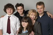 Outnumbered. Image shows from L to R: Ben (Daniel Roche), Jake (Tyger Drew-Honey), Karen (Ramona Marquez), Sue (Claire Skinner), Pete (Hugh Dennis). Copyright: Hat Trick Productions