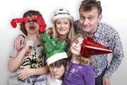 Outnumbered. Image shows from L to R: Ben (Daniel Roche), Jake (Tyger Drew-Honey), Sue (Claire Skinner), Karen (Ramona Marquez), Pete (Hugh Dennis). Copyright: Hat Trick Productions