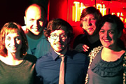 Pappy's Flatshare Slamdown Podcast. Image shows from L to R: Isy Suttie, Tom Parry, Matthew Crosby, Ben Clark, Maeve Higgins