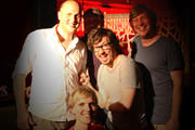 Pappy's Flatshare Slamdown Podcast. Image shows from L to R: Tom Parry, Rufus Hound, Holly Walsh, Matthew Crosby, Ben Clark