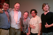 Pappy's Flatshare Slamdown Podcast. Image shows from L to R: Matt Forde, Tom Parry, Robin Ince, Matthew Crosby, Ben Clark