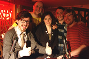 Pappy's Flatshare Slamdown Podcast. Image shows from L to R: Matthew Crosby, Tom Parry, Bridget Christie, Jon Richardson, Ben Clark