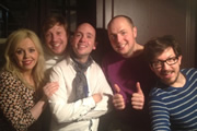 Pappy's Flatshare Slamdown Podcast. Image shows from L to R: Roisin Conaty, Ben Clark, Tom Allen, Tom Parry, Matthew Crosby