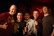 Pappy's Flatshare Slamdown Podcast. Image shows from L to R: Tom Parry, Dominic Wood, Matthew Crosby, Richard McCourt, Ben Clark