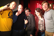 Pappy's Flatshare Slamdown Podcast. Image shows from L to R: Tom Parry, Norman Lovett, Matthew Crosby, Cariad Lloyd, Ben Clark