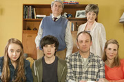 Parents. Image shows from L to R: Becky Pope (Jadie-Rose Hobson), Len Miller (Tom Conti), Sam Pope (Christian Lees), Nick Pope (Darren Strange), Alma Miller (Susie Blake), Jenny Pope (Sally Phillips). Copyright: Objective Productions