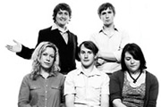 Party. Image shows from L to R: Mel (Anna Crilly), Duncan (Tim Key), Jared (Jonny Sweet), Simon (Tom Basden), Phoebe (Katy Wix). Copyright: BBC