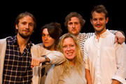 Party. Image shows from L to R: Simon (Tom Basden), Phoebe (Katy Wix), Mel (Anna Crilly), Duncan (Tim Key), Jared (Jonny Sweet). Copyright: BBC