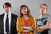 Peep Show. Image shows from L to R: Mark Corrigan (David Mitchell), Dobby (Isy Suttie), Jeremy Usbourne (Robert Webb). Copyright: Objective Productions