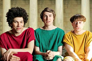 Plebs. Image shows from L to R: Stylax (Joel Fry), Marcus (Tom Rosenthal), Grumio (Ryan Sampson). Copyright: RISE Films