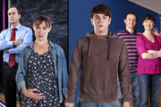 Pramface. Image shows from L to R: Alan Derbyshire (Angus Deayton), Laura Derbyshire (Scarlett Alice Johnson), Jamie Prince (Sean Michael Verey), Keith Prince (Ben Crompton), Sandra Prince (Bronagh Gallagher). Copyright: BBC / Little Comet