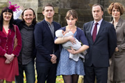 Pramface. Image shows from L to R: Sandra Prince (Bronagh Gallagher), Keith Prince (Ben Crompton), Jamie Prince (Sean Michael Verey), Laura Derbyshire (Scarlett Alice Johnson), Alan Derbyshire (Angus Deayton), Janet Derbyshire (Anna Chancellor). Copyright: BBC / Little Comet