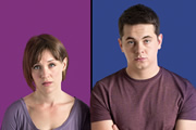 Pramface. Image shows from L to R: Laura Derbyshire (Scarlett Alice Johnson), Jamie Prince (Sean Michael Verey). Copyright: BBC / Little Comet