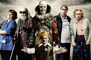 Psychoville. Image shows from L to R: Joy Aston (Dawn French), Oscar Lomax (Steve Pemberton), Mr Jelly (Reece Shearsmith), Robert Greenspan (Jason Tompkins), David Sowerbutts (Steve Pemberton), Maureen Sowerbutts (Reece Shearsmith). Copyright: BBC