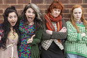 Raised By Wolves. Image shows from L to R: Germaine Garry (Helen Monks), Caitlin Moran, Caroline Moran, Aretha Garry (Alexa Davies). Copyright: Big Talk Productions