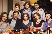 Reunited. Image shows from L to R: Hannah (Zoe Tapper), Martin (Joseph Millson), Sophie (Jemima Rooper), Sarah (Michelle Terry), Ed (Ed Byrne), Belinda (Emma Stansfield), Danny (Navin Chowdhry), Fran (Sarah Jane Potts). Copyright: BBC