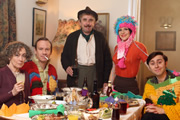 Rock & Chips. Image shows from L to R: Violet (Paula Wilcox), Reg Trotter (Shaun Dingwall), Edward 'Ted' Trotter (Phil Daniels), Joan Trotter (Kellie Bright), Del Boy (James Buckley). Copyright: Shazam Productions / BBC