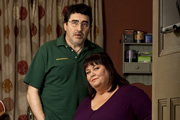 Roger & Val Have Just Got In. Image shows from L to R: Roger Stevenson (Alfred Molina), Val Stevenson (Dawn French). Copyright: BBC