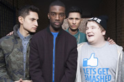 Rude Boys. Image shows from L to R: Bolts (Amir El Masry), Jazzie (Jazzie Zonzolo), Sajid (Harman Singh), Webby (Ethan Lawrence). Copyright: BBC