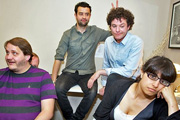 Seekers. Image shows from L to R: Terry (Tony Way), Joe (Daniel Mays), Stuart (Mathew Horne), Nicola (Zahra Ahmadi). Copyright: BBC