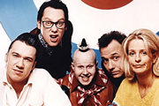 Shooting Stars. Image shows from L to R: Mark Lamarr, Vic Reeves, George Dawes (Matt Lucas), Bob Mortimer, Ulrika Jonsson. Copyright: Channel X / Pett Productions