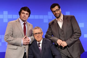 A Short History Of Everything Else. Image shows from L to R: Charlie Baker, Griff Rhys Jones, Marcus Brigstocke. Copyright: Twofour