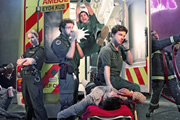 Sirens. Image shows from L to R: Sgt Maxine Fox (Amy Beth Hayes), Ashley Greenwick (Richard Madden), Rachid Mansaur (Kayvan Novak), Stuart Bayldon (Rhys Thomas). Copyright: Daybreak Pictures