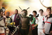 Sorry, I've Got No Head. Image shows from L to R: Mark Evans, Kobna Holdbrook-Smith, Anna Crilly, Mel Giedroyc, James Bachman, Fergus Craig, William Andrews. Copyright: So Television