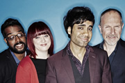 Stand Up For The Week. Image shows from L to R: Romesh Ranganathan, Angela Barnes, Paul Chowdhry, Simon Evans. Copyright: Open Mike Productions